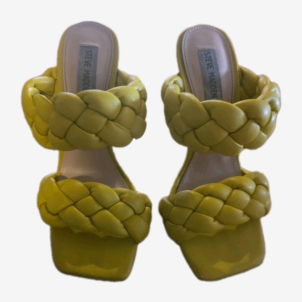 Steve Madden 7.5M Kenley Heel Puffy Braided Leather Square Toe Sandals Yellow